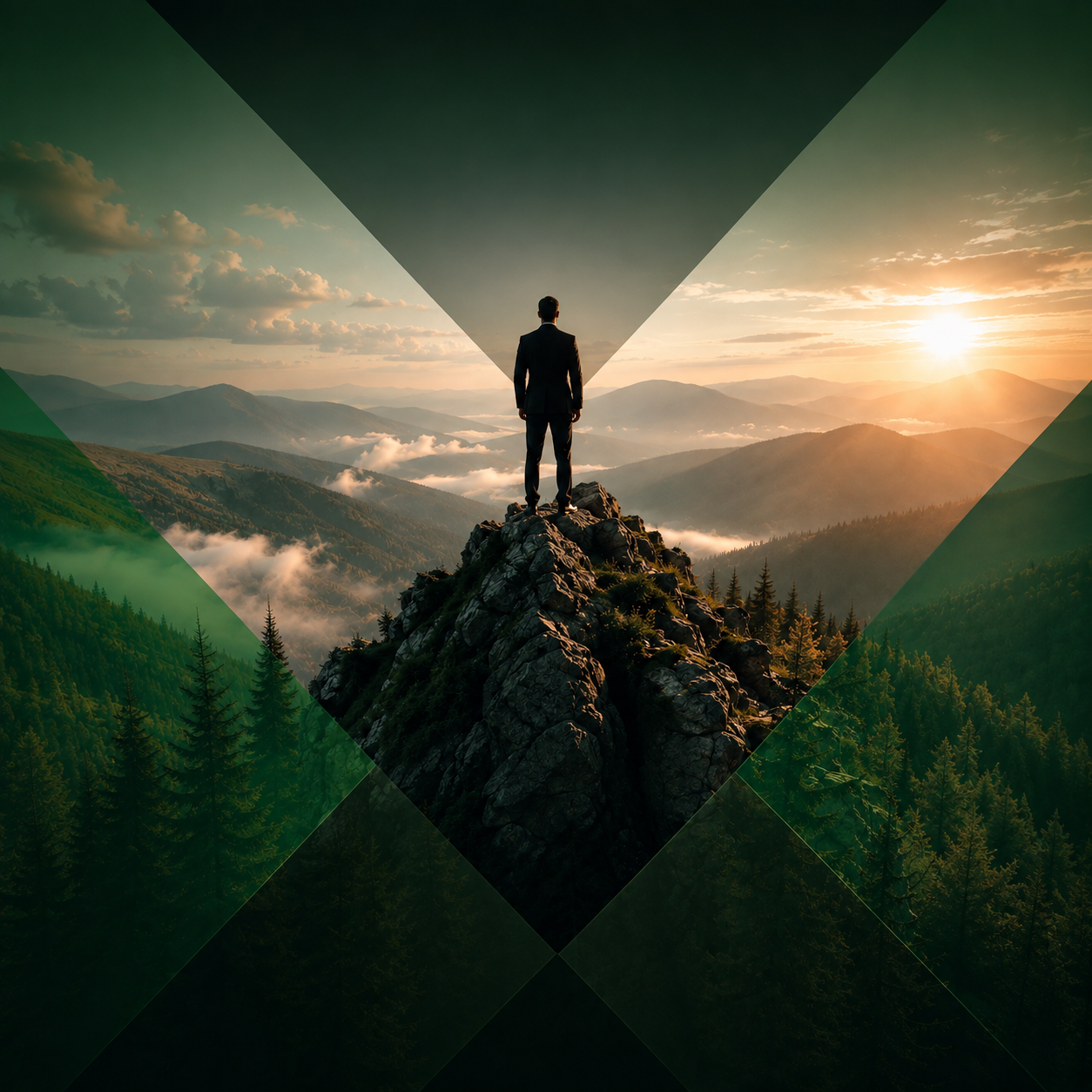 Executive on a mountain summit above a vast landscape at sunset