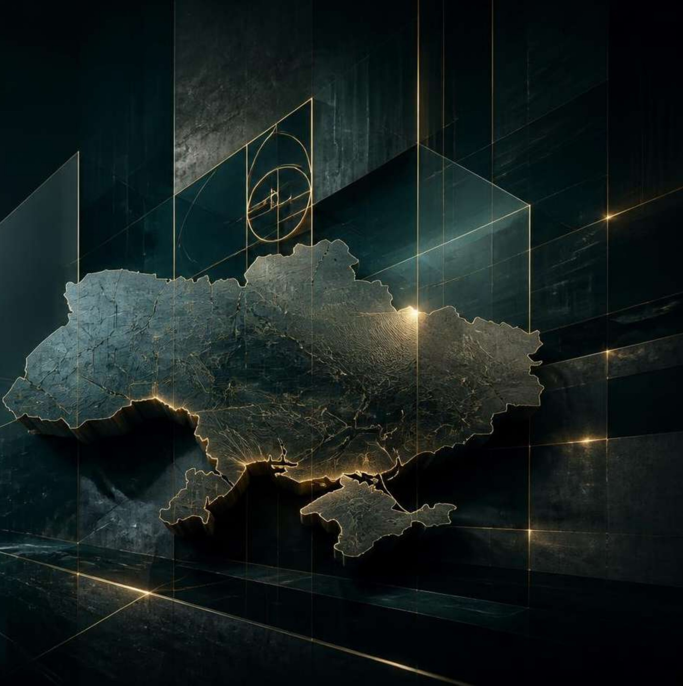 Ukraine rendered as an architectural relief within a lattice of gold construction lines