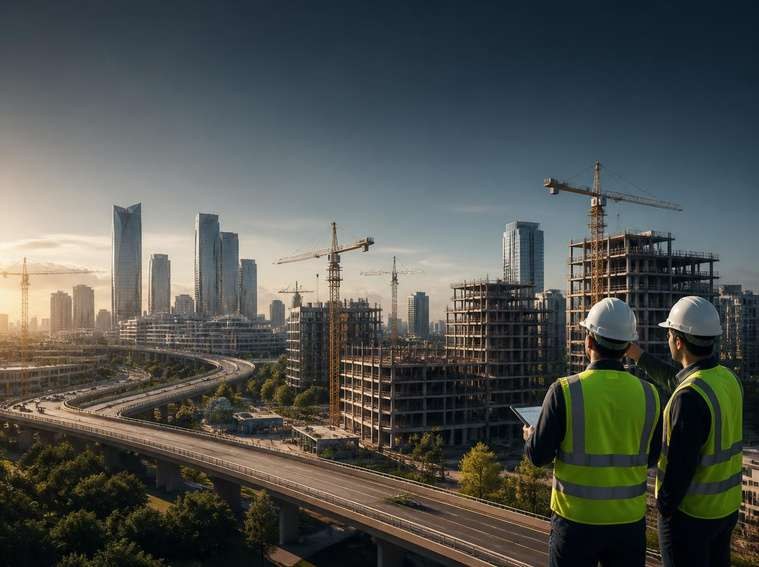 Engineers overlooking a city district under construction with tower cranes