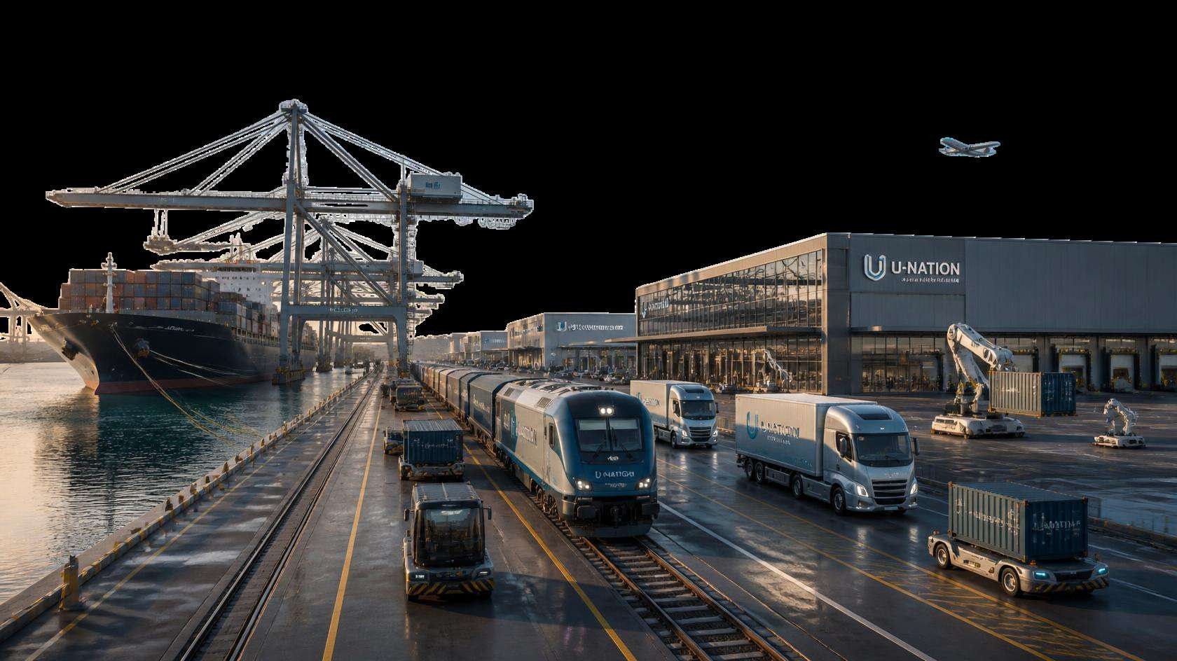 Logistics terminal with rail, freight and port infrastructure at dusk
