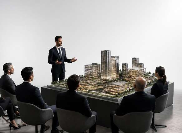 Project presentation of an urban development masterplan model to investors