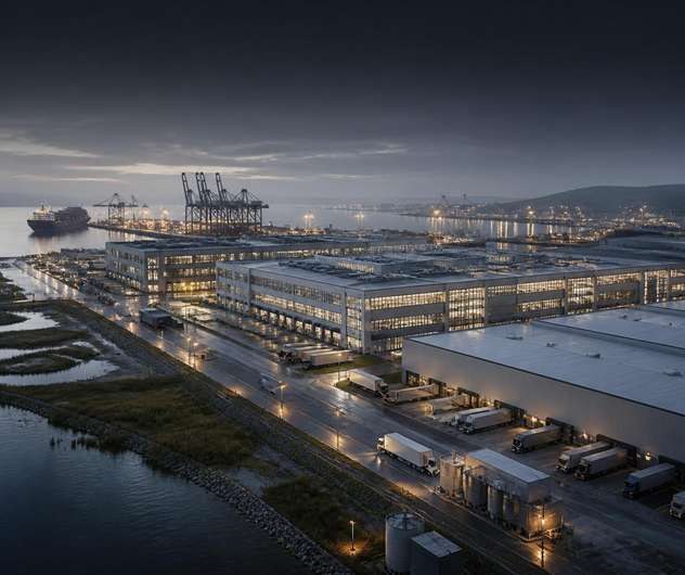 Aerial view of a port industrial park with warehouses and cranes at night
