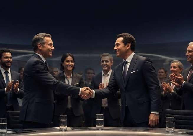 International delegates shaking hands on stage after a partnership agreement