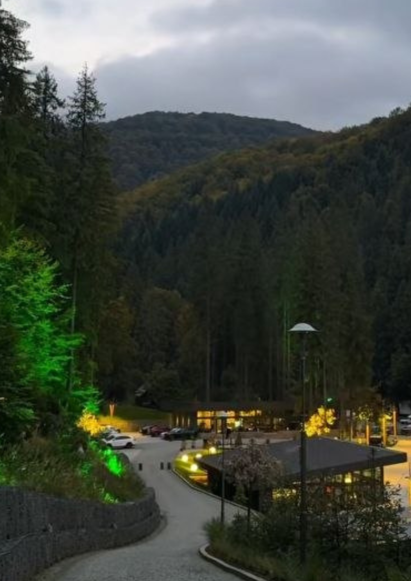 Dusk over the forested Carpathian valley surrounding the resort