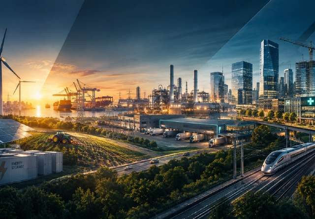 Industrial and technology skyline combining wind power, rail and modern manufacturing