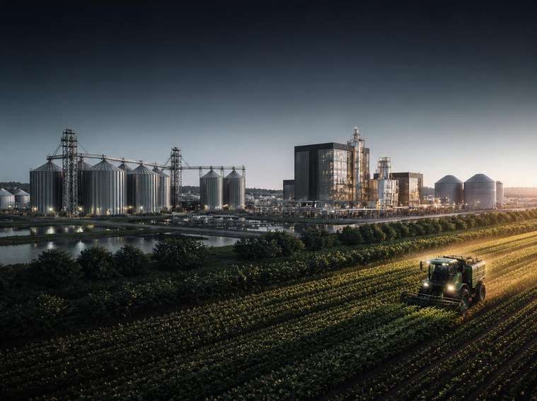 Grain elevators and a food processing plant behind cultivated fields at dusk