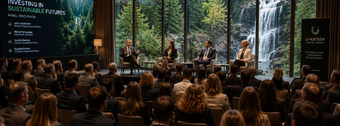 Investment conference session in a glass mountain hall overlooking a waterfall