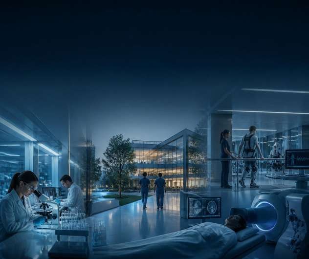 Modern hospital and research facility interior with clinicians and diagnostic equipment