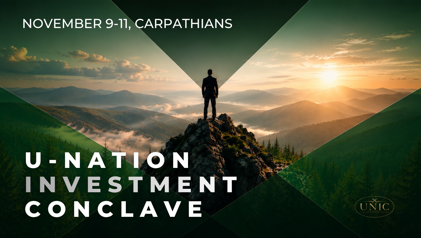 U-Nation Investment Conclave key visual with the Carpathian mountains